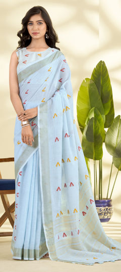Blue color Saree in Linen fabric with Weaving work