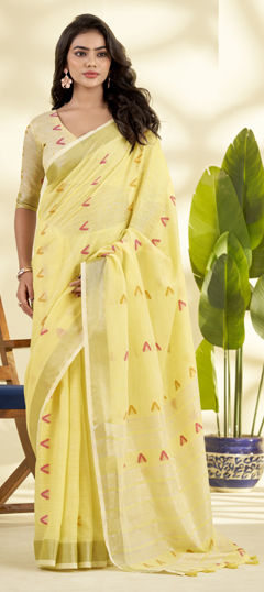 Yellow color Saree in Linen fabric with Weaving work