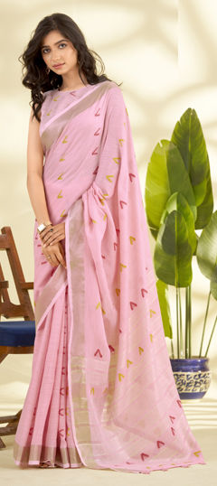 Pink and Majenta color Saree in Linen fabric with Weaving work