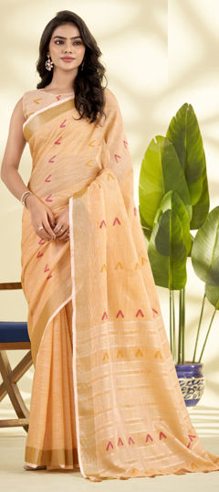 Orange color Saree in Linen fabric with Weaving work