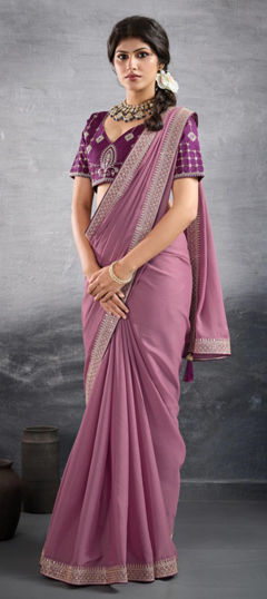 Pink and Majenta color Saree in Georgette fabric with Border, Embroidered, Sequence work