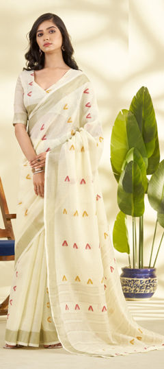 White and Off White color Saree in Linen fabric with Weaving work