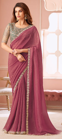 Pink and Majenta color Saree in Georgette fabric with Embroidered, Sequence work