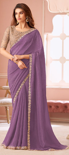 Purple and Violet color Saree in Georgette fabric with Embroidered, Sequence work