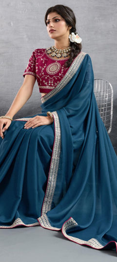 Blue color Saree in Georgette fabric with Border, Embroidered, Sequence work