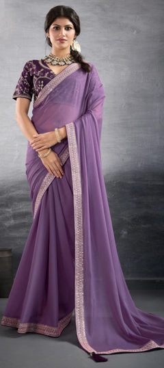 Purple and Violet color Saree in Georgette fabric with Border, Embroidered, Sequence work