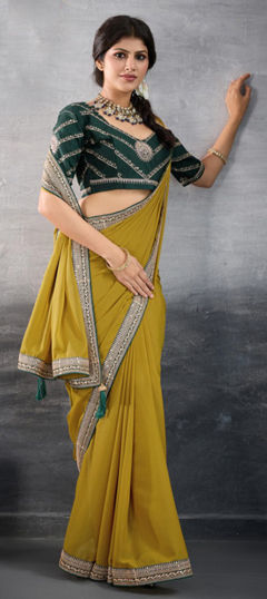 Gold color Saree in Georgette fabric with Border, Embroidered, Sequence work