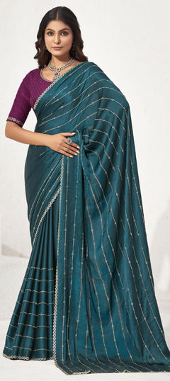 Blue color Saree in Satin Silk fabric with Bugle Beads work