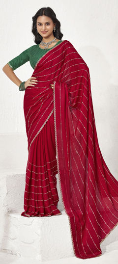 Red and Maroon color Saree in Satin Silk fabric with Bugle Beads work