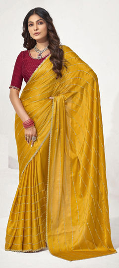 Yellow color Saree in Satin Silk fabric with Bugle Beads work