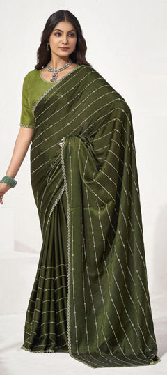 Green color Saree in Satin Silk fabric with Bugle Beads work