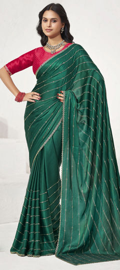 Blue color Saree in Satin Silk fabric with Bugle Beads work