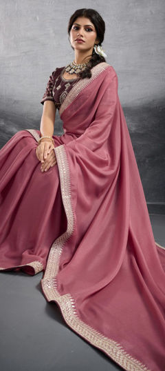Pink and Majenta color Saree in Georgette fabric with Border, Embroidered, Sequence work