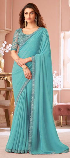 Blue color Saree in Georgette fabric with Border, Sequence work