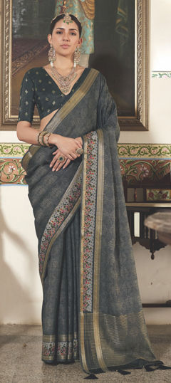 Black and Grey color Saree in Silk fabric with Weaving work