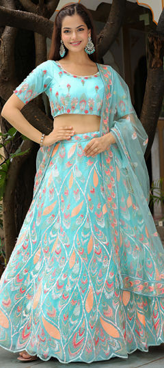Blue color Lehenga in Net fabric with Embroidered, Sequence, Thread work