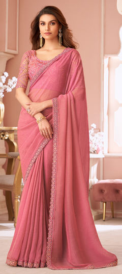 Pink and Majenta color Saree in Georgette fabric with Border, Sequence work
