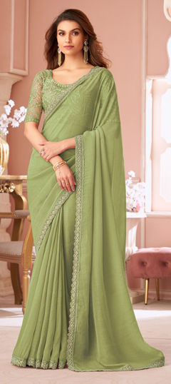 Green color Saree in Georgette fabric with Border, Sequence work