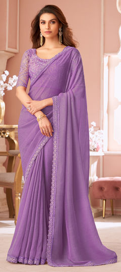 Purple and Violet color Saree in Georgette fabric with Border, Sequence work