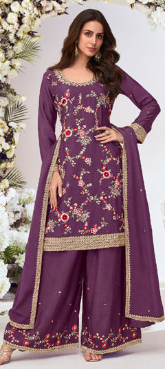 Purple and Violet color Salwar Kameez in Chinon Silk fabric with Embroidered, Resham, Sequence, Thread work