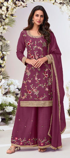 Red and Maroon color Salwar Kameez in Chinon Silk fabric with Embroidered, Resham, Sequence, Thread work