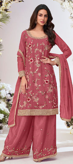 Pink and Majenta color Salwar Kameez in Chinon Silk fabric with Embroidered, Resham, Sequence, Thread work