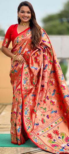 Red and Maroon color Saree in Kanjeevaram Silk fabric with Weaving work