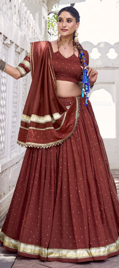 Red and Maroon color Ready to Wear Lehenga in Chanderi Silk fabric with Gota Patti, Weaving work