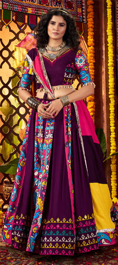 Purple and Violet color Ready to Wear Lehenga in Cotton, Viscose fabric with Digital Print, Mirror, Thread work