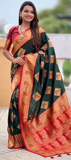 Green color Saree in Banarasi Silk fabric with Weaving work