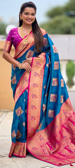 Blue color Saree in Banarasi Silk fabric with Weaving work