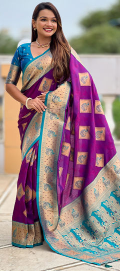 Pink and Majenta color Saree in Banarasi Silk fabric with Weaving work