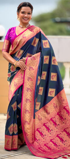 Blue color Saree in Banarasi Silk fabric with Weaving work