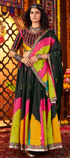 Black and Grey color Ready to Wear Lehenga in Gajji Satin Crush fabric with Digital Print, Mirror work