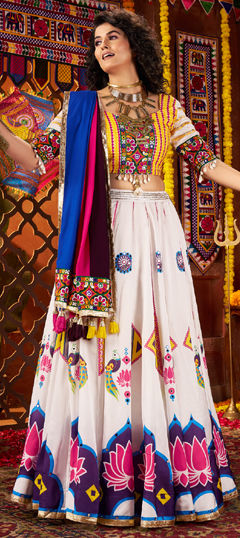 White and Off White color Ready to Wear Lehenga in Gajji Satin Crush fabric with Digital Print, Mirror work