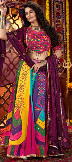 Multicolor color Ready to Wear Lehenga in Gajji Satin Crush fabric with Digital Print, Mirror work
