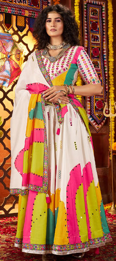 White and Off White color Ready to Wear Lehenga in Gajji Satin Crush fabric with Digital Print, Mirror work