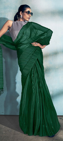 Green color Saree in Crushed Silk fabric with Thread work