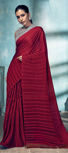 Red and Maroon color Saree in Crushed Silk fabric with Thread work