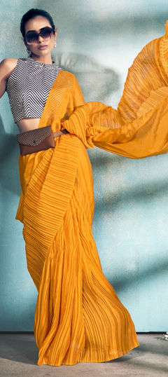 Yellow color Saree in Crushed Silk fabric with Thread work