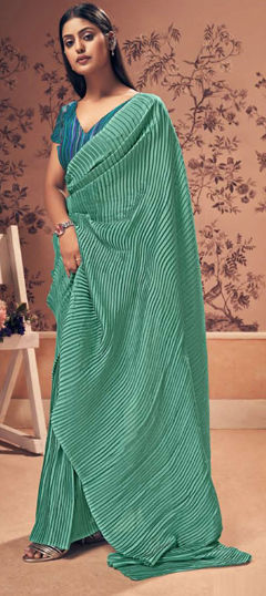 Green color Saree in Crushed Silk fabric with Thread work