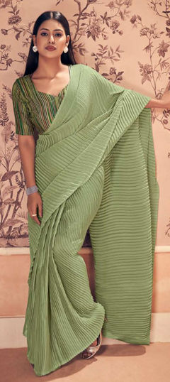 Green color Saree in Crushed Silk fabric with Thread work