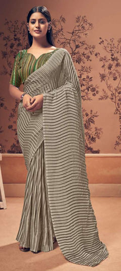 Beige and Brown color Saree in Crushed Silk fabric with Thread work