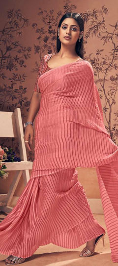 Pink and Majenta color Saree in Crushed Silk fabric with Thread work