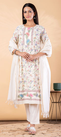 White and Off White color Salwar Kameez in Cotton, Dobby fabric with Embroidered, Printed, Resham, Thread work