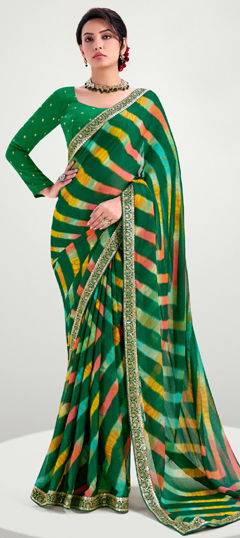 Green color Saree in Art Silk fabric with Embroidered, Lehariya, Printed, Sequence work