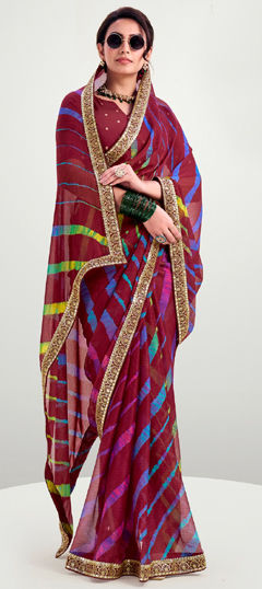 Red and Maroon color Saree in Art Silk fabric with Embroidered, Lehariya, Printed, Sequence work