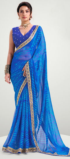 Blue color Saree in Art Silk fabric with Embroidered, Lehariya, Printed, Sequence work