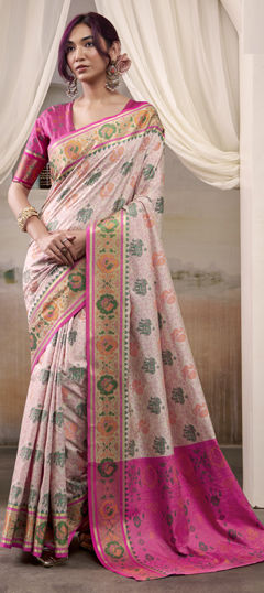 White and Off White color Saree in Patola Silk fabric with Printed, Weaving work
