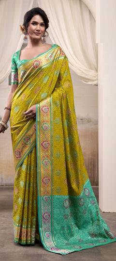 Green color Saree in Patola Silk fabric with Printed, Weaving work